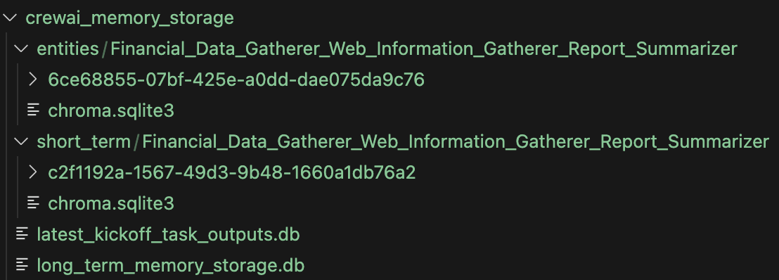 Different memory storage databases automatically generated by CrewAI